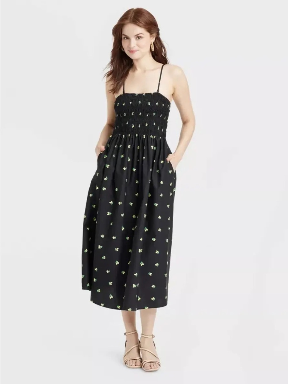 a new day Smocked Lemon Print Midi Dress Women’s M Black | Coastal, Cottagecore